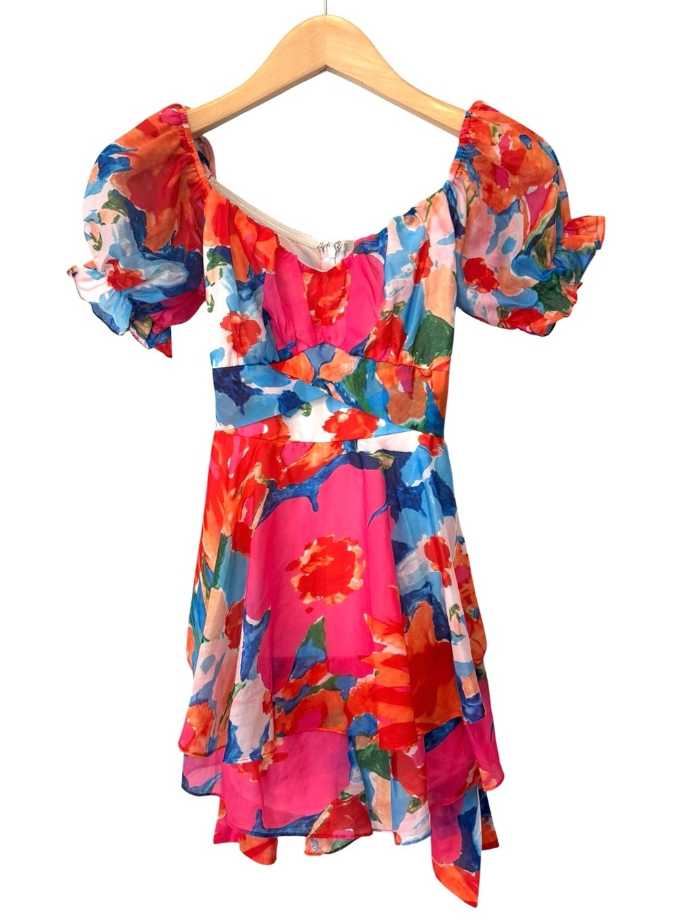 Luxxel Vibrant Abstract Floral Puff Sleeve Ruffle Romper Size Large
